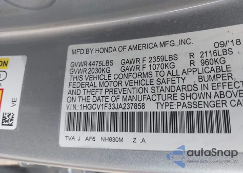 2018 Honda Accord Sport z USA, uszkodzony, nr VIN 1HGCV1F33JA237858